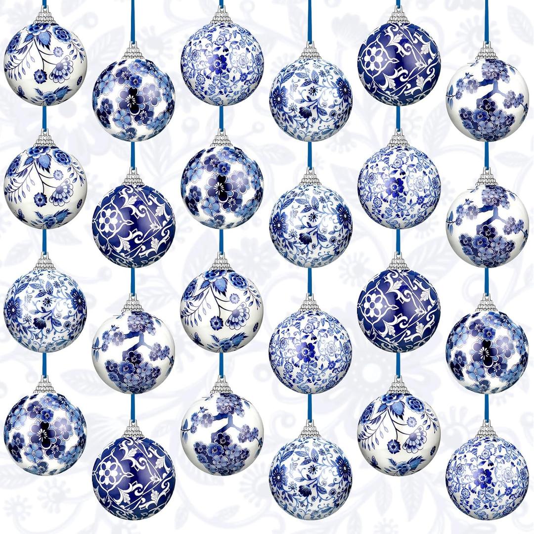 Poen 24 Pcs Chinoiserie Porcelain Ornaments Chinoiserie Decorations Plastic Blue White Ball Ornaments with Ribbon for Small Tree, Not Porcelain (2.36 Inch)