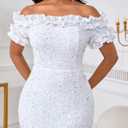 dasmzper Women Sexy Sequin Off Shoulder Ruffle Short Sleeve Bodycon Mermaid Party Formal Evening Maxi Dress (XXL)
