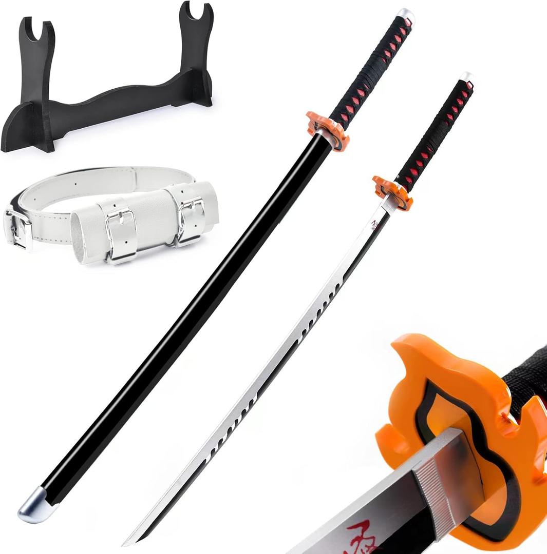 Demon Slayer Sword 41inch,with Display Stand and Belt, Rengoku Sword/Tanjiro Sword/Zenitsu Sword/Anime Original Texture,for Demon Slayer Cosplay and Collection,Various Styles (Silver)