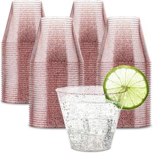 PLASTICPRO 9 oz Disposable Plastic Party Cups, Old fashioned Designed Tumblers, Rose Gold Glitter 100 Count