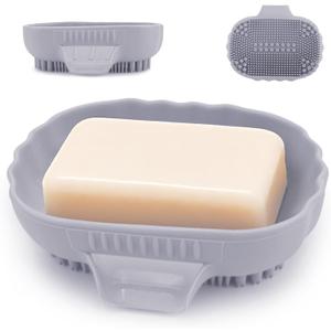 Silicone Self Draining Soap Dish Tray Holder Cute Sea Shell 25Slope for Bar Soap Saver Waterfall Drain Shower Bathroom Sink with Bristles Brush Keep Dry Purple Grey