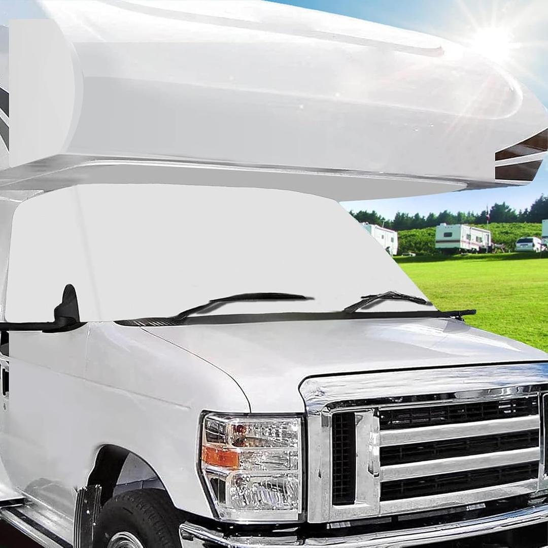 Mofeez RV Windshield Cover Compatible with Class C Ford 1997-2025, UV Block Offer Complete Privacy with Light Preserves Interior (White Color with Mirror Cutouts)