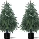 2Pack Artificial Topiary Trees, 2FT Faux Cypress, Faux Evergreen Pine Shrubs Plants with Pot, Potted Plants for Front Porch Indoor Outdoor Garden Christmas Decor