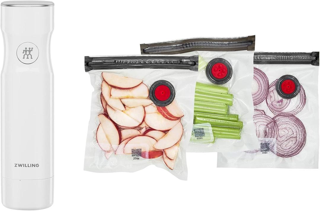 ZWILLING Fresh & Save 4 pc Vacuum Sealer Machine Set, 4 Small Reusable Snack Bags, Sous Vide Bags, Food Saver (White)