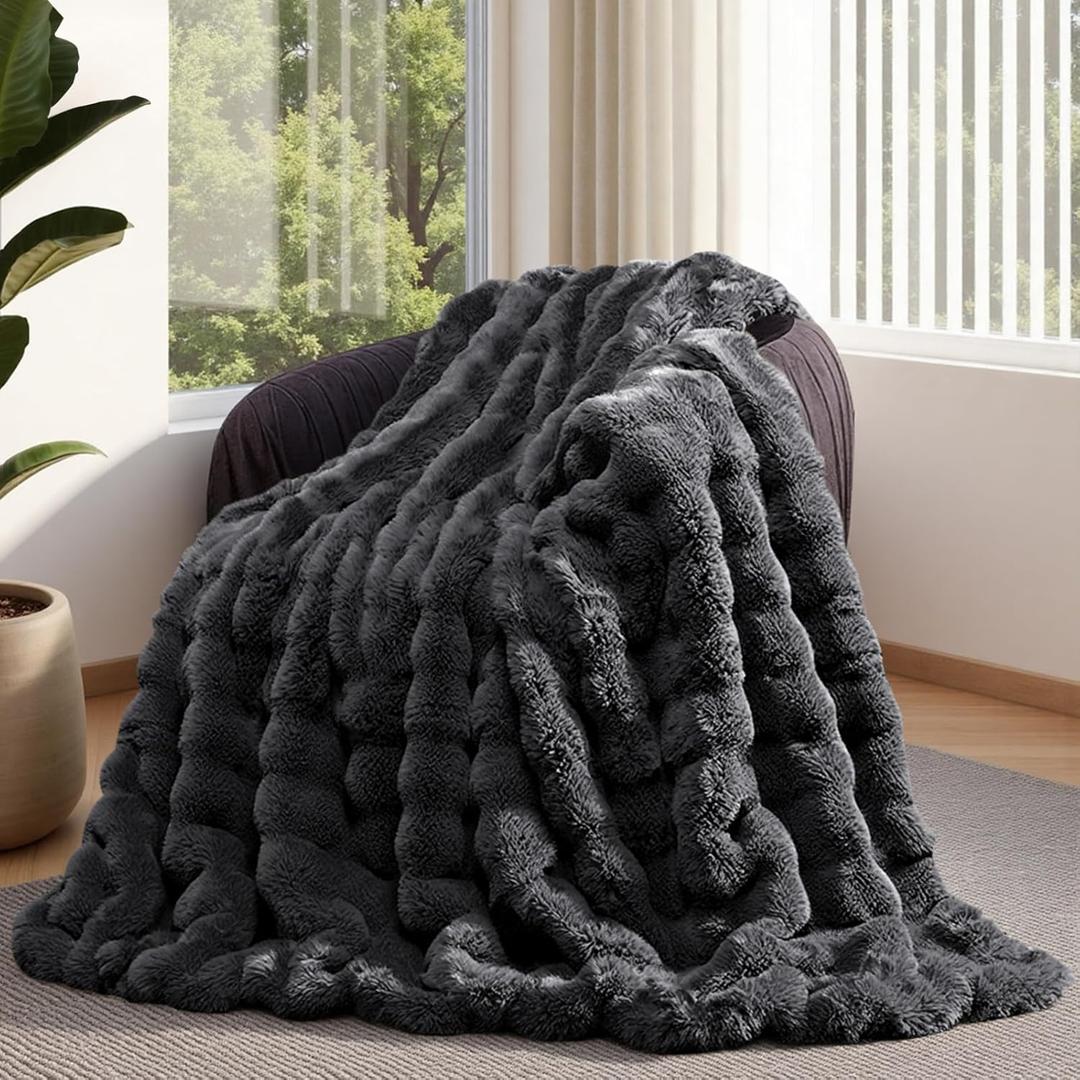 Lotus Karen Faux Fur Throw Blanket Dark Gray - Big Bubble Rabbit Fluff Blanket for Couch, Small Fluffy Fuzzy Cozy Blanket, Thick Furry Plush Shaggy Blankets, 50x60 Inches