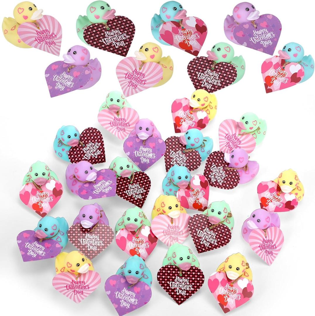 Jerify 12 Pcs 2 Inch Valentines Rubber Ducks Bulk with Gift Cards Mini Heart Rubber Duckies Bath Toys Valentine's Day Gift for Kids Classroom Favors Prizes Exchange (Macarons)