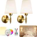 Adetu Battery Operated Wall Sconces Set of Two, Gold Rechargeable Wall Lights with 10000mAh RGB Rechargeable Magnetic Bulb, Battery Wall Sconce with Remote Control for Bedroom Decor, 11.8 Inch