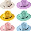 Hercicy 6 Pcs Fedora Hats for Women Men Felt Wide Brim Hats Vintage Boho Hat with Belt Buckle Panama Hat 