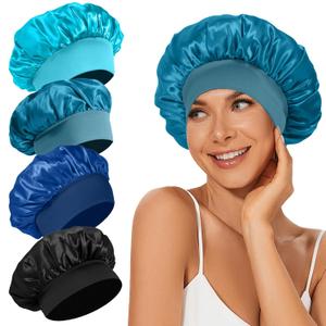 4Pcs Satin Bonnet Silk Bonnet, Hair Bonnet for Sleeping, Elastic Wide Band Silk Sleep Cap, Shower Cap Soft and Breathable (Blue Series)