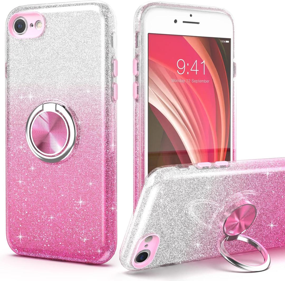 for iPhone SE 2020 Case Glitter,Slim Fit Sparkly Case with 360Ring Holder Kickstand Shock Absorbent Sturdy Glitter Cover,for iPhone 8/7/SE 2020/SE 3 2022 Cover for Girls,Pink