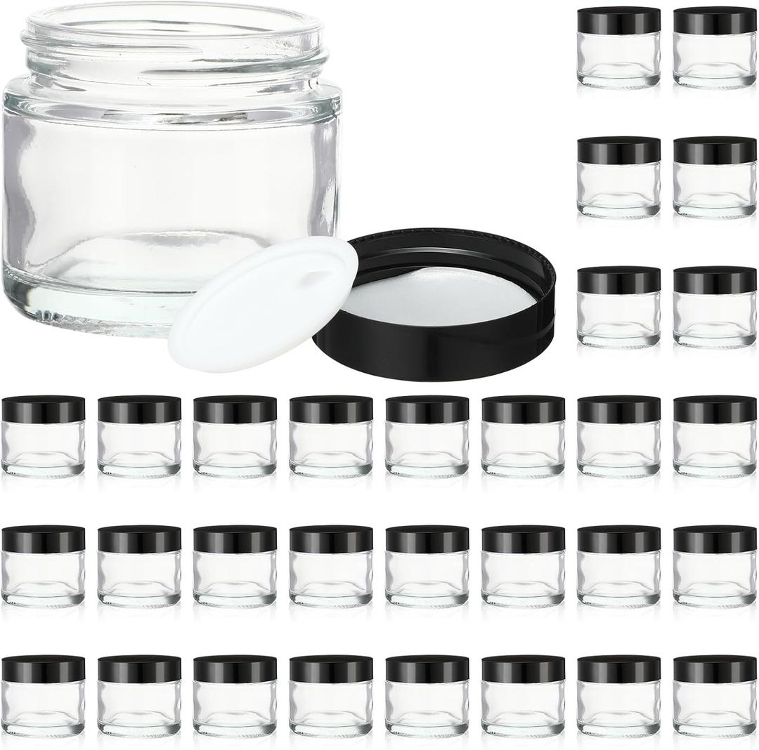 34 Pcs 2 oz Clear Glass Jars with Black Lids Leakproof Round Airtight Jars Empty Cosmetic Jars with Inner Liners Lid for Candle Making Storing Lotions Spice Powder Liquid Sample Makeup (Black,clear)