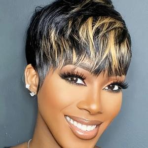 Pixie Cut Wigs For Black Women Human Hair 1B30 Color Glueless Pixie Wig Short Layered Brazilian Virgin Human Hair Wigs For Women, Color F1b30