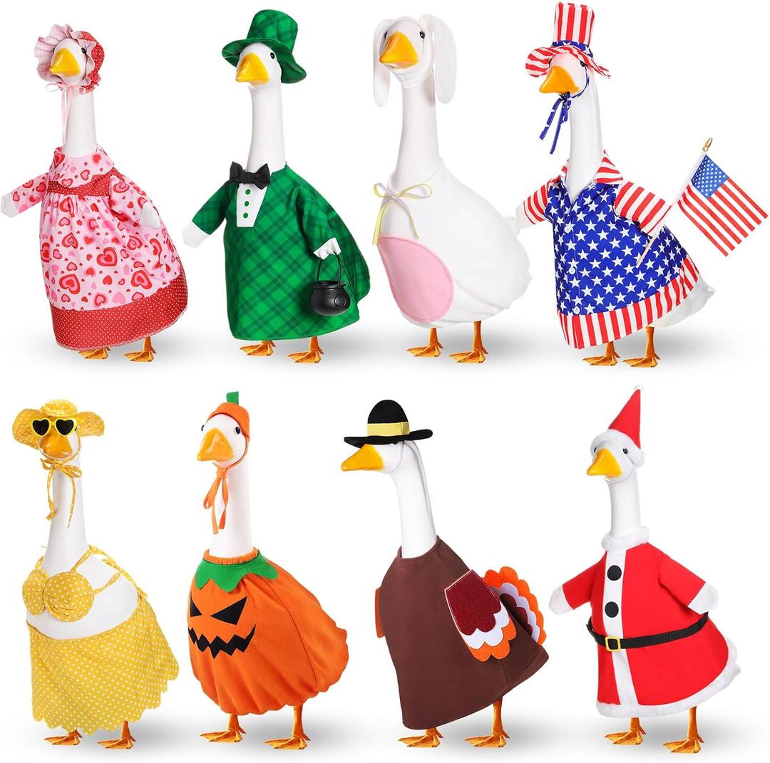 8 Set Holiday Porch Goose Outfits Valentine St. Patrick Easter Summer 4th of July Fall Halloween Christmas Lawn Porch Goose Clothing for Patio Yard Lawn Decor (Style2,17 Inch)