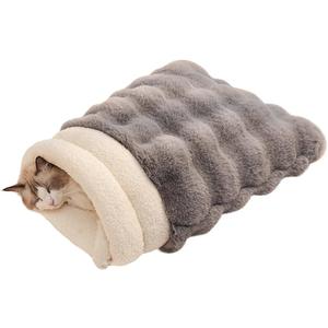 Self-Warming Cat Sleeping Bag, Enclosed Hooded Snuggle Sack with Dual-Side Plush Cat Cave Bed, Portable Foldable Pet Sleeping Pod for Indoor & Travel, Anti-Static, 21.7"x17.7"Grey