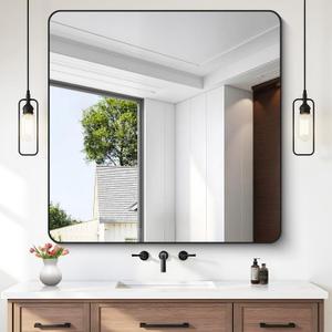 FORBATH Bathroom Mirror 42x42 Inch, Large Square Vanity Mirror with Black Aluminum Frame Rounded Corner, Wall Mounted Mirror for Bathroom Bedroom Entryway Living Room Home Decoration