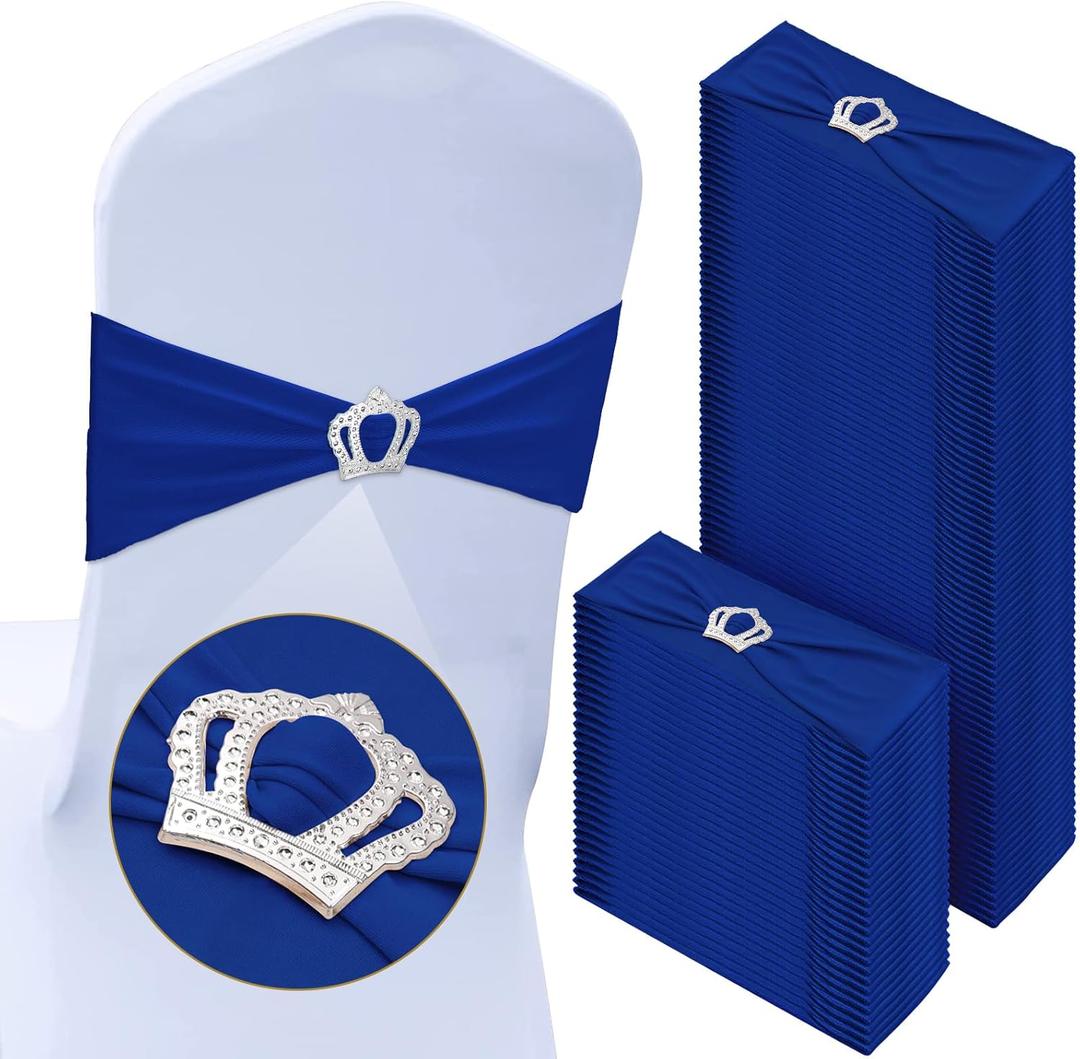 100 Pcs Spandex Chair Sashes with Crown Buckle Slider Stretch Chair Bands Cover Ties for Wedding, Banquet, Gala, Corporate Event, Birthday Party, Baby Shower(Royal Blue)