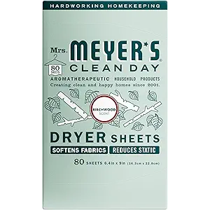 MRS. MEYER'S CLEAN DAY Dryer Sheets, Fabric Softener, Reduces Static, Infused with Essential Oils, Birchwood, 80 Count