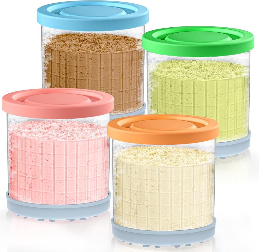 QVN For Ninja Creami Pints and Lids - 4 Pack Creami Pints, 16 oz Creami Containers, Creami Pint Containers Compatible with NC299AMZ & NC300 Series Ice Cream Maker - Tight Sealing & Anti-Slip