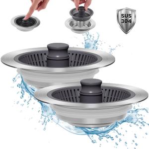 Sink Bounce Core Drain Strainer - 3 in 1 Upgraded Stainless Steel Kitchen Sink Drain Stopper Combo, Fast Drainage Anti-Clogging Basket Strainers for US Standard 3-1/2 Inch Drains, 2 Pcs