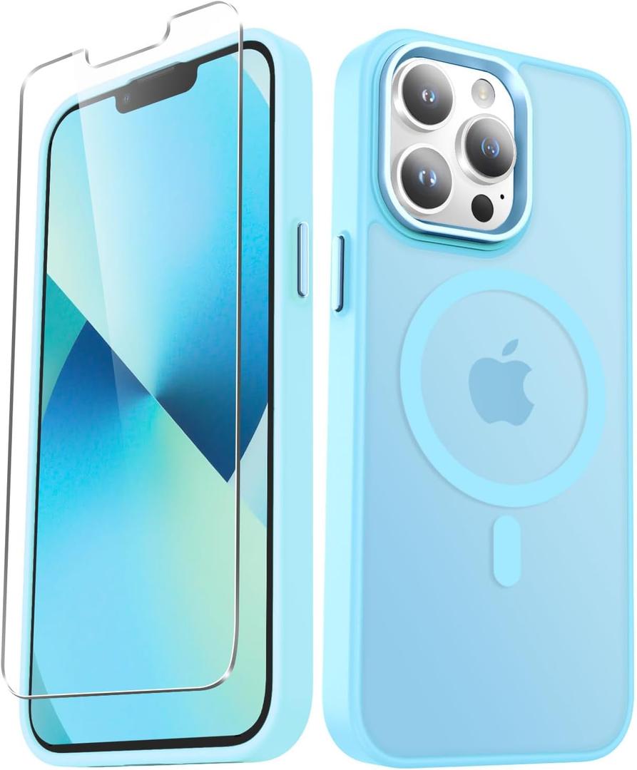 for iPhone 12 Pro Max Case, Matte Magnetic Phone Case with 1 Screen Protector, Support for Magsafe, Translucent Frosted Slim Shockproof Protective Cover for iPhone 12 Pro Max 6.7 inch, Light Blue