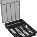 Lifewit Silverware Organizer with Lid, Covered Utensil Tray for Kitchen Drawer and Countertop, Plastic Cutlery and Flatware Storage Box for Spoons Forks Knives Holder Case, 5 Compartments, Black (9.3x12.7x1.7 inch (5 Slots))