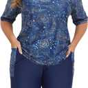 Halcurt Women's Plus Built in Bra Rash Guard Two Piece Swim Shirt and Pockets Boyleg Shorts (4X, Blue Galaxy)
