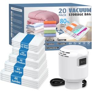 ZXA Vacuum Storage Bag with Electric Air Pump, 20 Pack (4 Jumbo, 4 Large, 4 Medium, 4 Small, 4 Roll Up Bags) Vacuum Seal Bags for Clothing, Pillows, Blanket, Duvets, Comforters, Travel