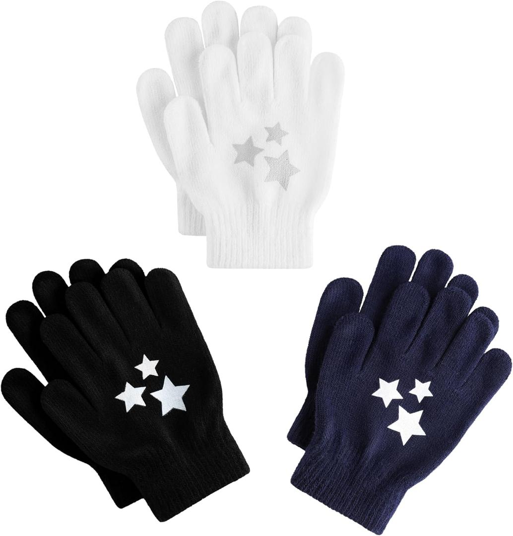 Glooarm 3 Pairs Kids Gloves Winter Gripper Knit Magic Gloves Stretch Warm Cold Weather Gloves for Boys Girls 4-12 Years (Pentacle Printing)