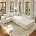 KEIKI 110" L-Shaped Oversized Plush Corduroy Modular Sectional Sofa with Pull-Out Bed, Convertible 6-Seater Sleeper Couch Bed with 1 Ottomans & USB & Cup Holders, Easy Assembly, for Living Room, Beige