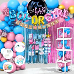 191pcs Pink Blue Gender Reveal Decorations, Boy or Girl Gender Reveal with Balloon Arch Kit, Baby Boxes, Fringe Curtains, Photo Props, Cake Copper