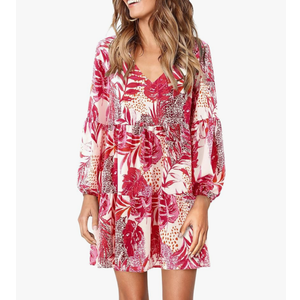 Amoretu Womens Tunic Dress Long Sleeve V Neck Casual Loose Flowy Swing Shift Dresses Size S, Multi Red