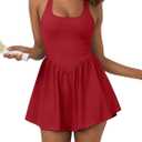 Sexyasasii Women's Summer Athletic Tennis Dress with Built in Shorts and Bra Square Neck Workout Exercise Active Golf Dresses (Medium, Red)