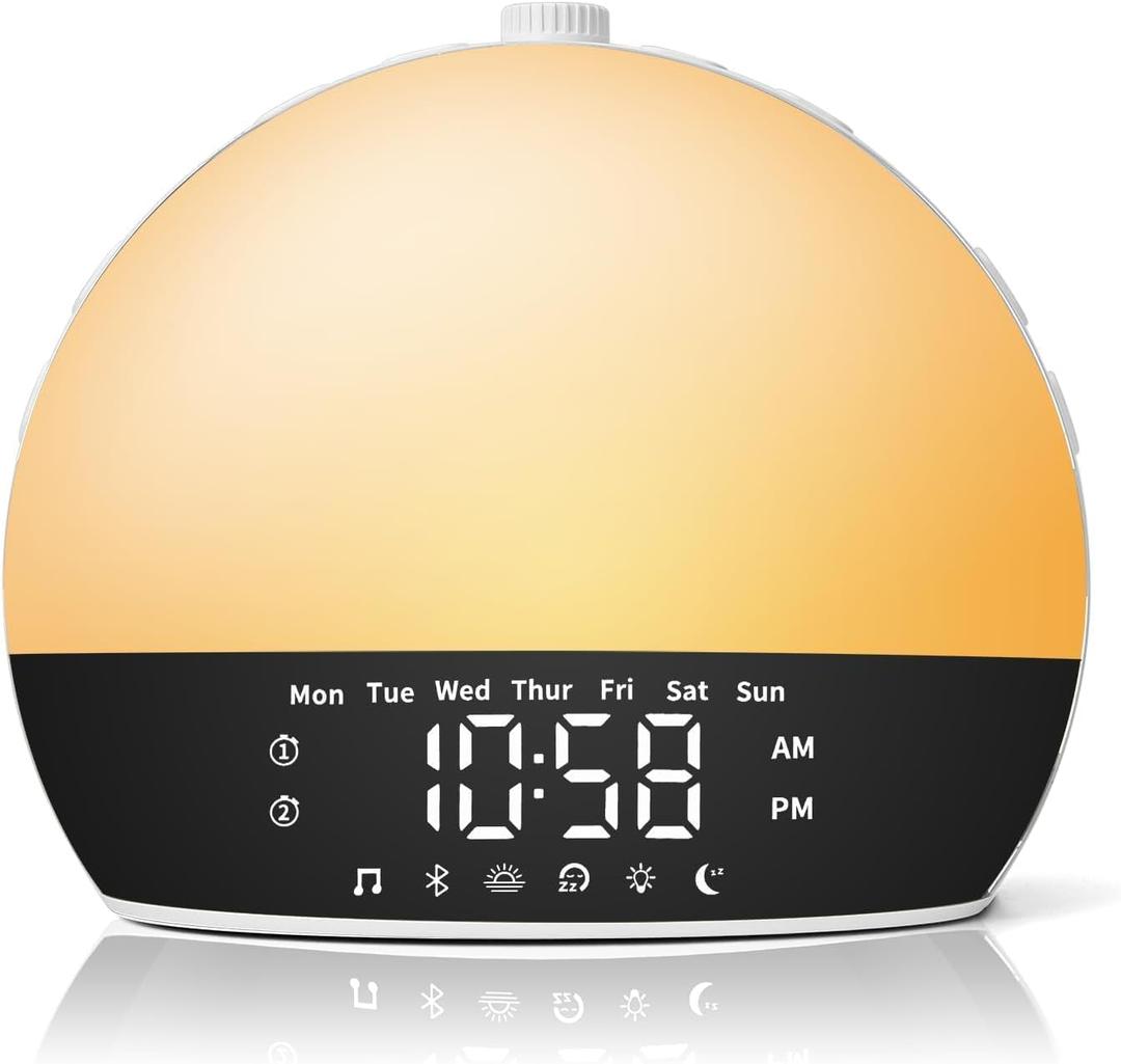 Sunrise Alarm Clock for Heavy Sleepers & Kids, Wake Up Light with Natural Simulation, Dual Alarm, Sleep Sound Machine, Dimmable LED Night Light, FM Radio, USB Charger for Bedroom (White)