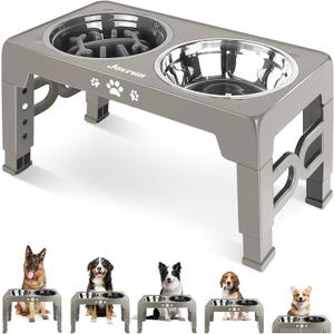 Jovrun Elevated Dog Bowls for Medium Large Size Dogs, Non-Slip Dog Feeder with 1*Stainless Steel Dishes & 1*Slow Feeder Bowl, 5 Heights Adjustable Raised Bowls to 3.15″-8.66″-9.84″-11.02″-12.2″