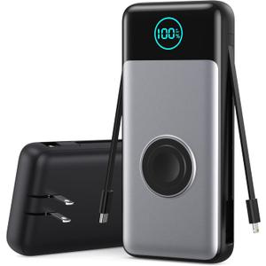 Portable Charger 26800mah for iPhone with Built-in Cables & AC Wall Plug,6-in-1 USB C Power Bank 5 Output Travel Essential,25W PD Fast Charging Battery Pack for iPhone16/15/14/ 13 Android,Apple Watch