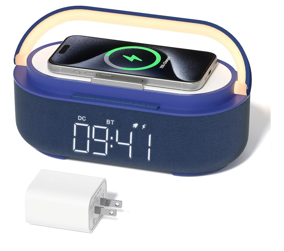 COLSUR Bluetooth Speaker Alarm Clock with Wireless Charger, FM Radio, Adjustable LED Night Light, 6 in 1 Bedroom Portable Speaker 2500mAh, Phone Stand for Bedside, Home, Office, Gift (Blue)