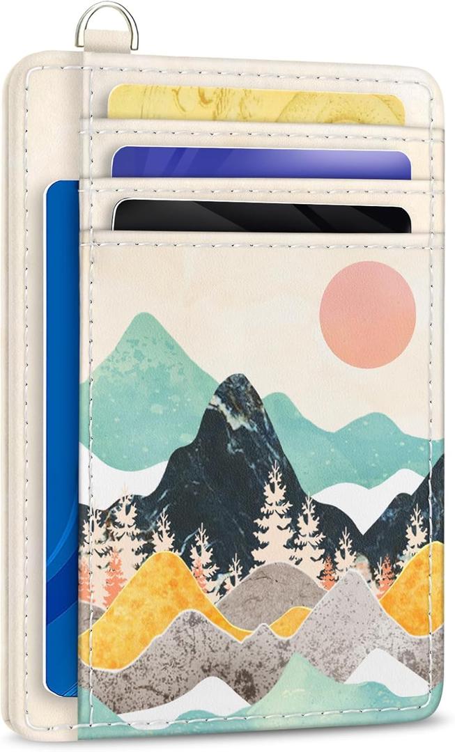 Credit Card Holder Slim Wallet, Sunrise Mountain RFID Wallet Women Front Pocket Card Holder Travel Thin Small Cute ID Window PU Leather RFID Blocking Case Organizer