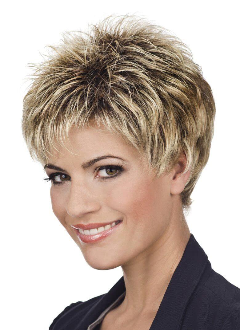 SEVENCOLORS Short Pixie Cut Wigs for White Women Mixed Blonde Short Wigs with Brown Roots Synthetic Natural Hair Wigs for Women (Blonde with dark root)