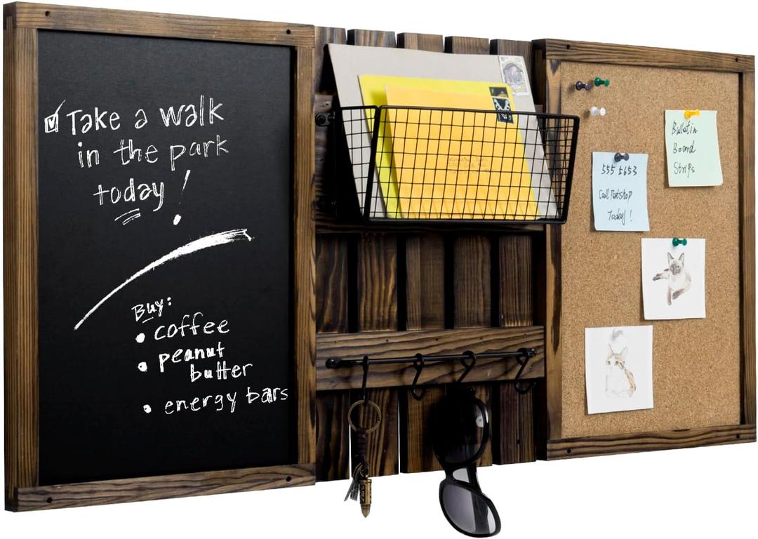 MyGift 3 Panel Wall Mounted Entryway Bulletin Board Combo Set with Rustic Burnt Solid Wood Frame with a Chalkboard, Cork Board, Black Metal Mail Basket, and Hanging Rail