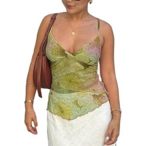 Women Y2k Mesh Tank Top Camisole Floral Print Spaghetti Strap Sleeveless V Neck Going Out Tops Cami Shirts Size Large