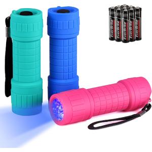EverBrite UV Blacklight Flashlights 3-Pack Set, 9 LEDs 395nm Mini Black Light for Neon Glow Art, Class Teaching, Scorpions, Pets Stains Urine, 9 AAA Batteries Included