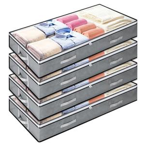 LIQWEI 4 Pack 5.5 Inches High Under Bed Storage Containers, Low Profile Under Bed Storage Containers, Foldable Underbed Bag Stackable Closet Organizers for Blankets Clothing Comforter Wrapping Paper