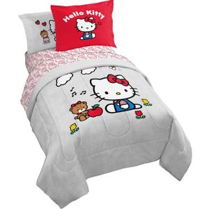 Jay Franco Sanrio Hello Kitty Twin Size Comforter Set - 5 Piece Red & Grey Bedding Includes Sheet Set & Pillow Covers - Super Soft Cozy Kawaii Bedding