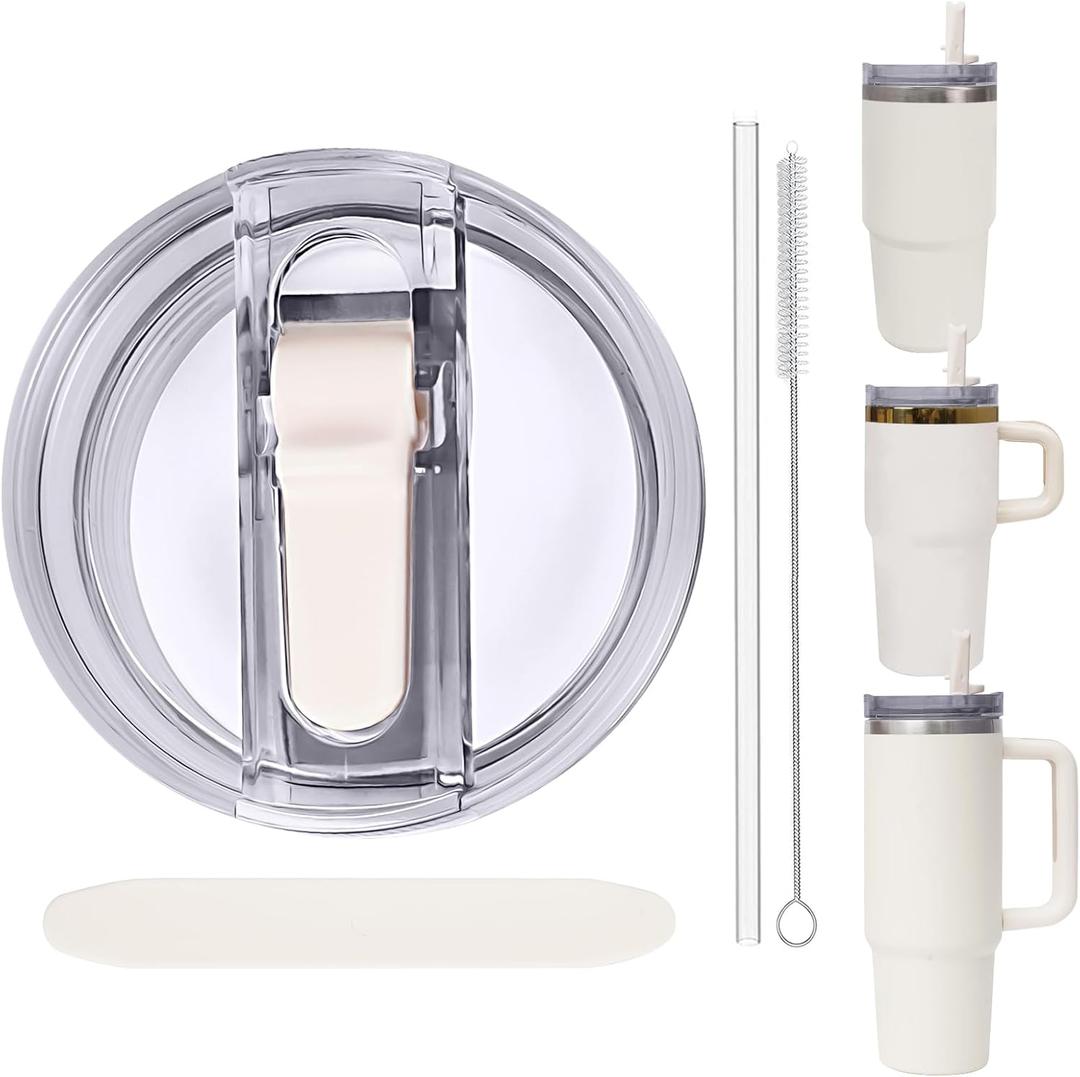 Replacement Leak Proof Tumbler FLIP Lid With Straw - Fit For Stanley ProTour Quencher and Quencher H2.0 20oz,30oz Tumbler (Cream-A, 20oz and 30oz)