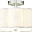 Semi Flush Mount Ceiling Lights, 3-Light 13" Ceiling Light Fixtures with Fabric Shade in Flower Shape, Brushed Nickel Drum Lighting for Nursery Hallway Bedroom Kitchen, AD-22007-3SF-SN