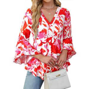 VALOLIA Flowy Blouses for Women 3/4 Long Sleeve Dressy Shirts V Neck Tops Fit Blouses Floral Formal Tops for Women Casual Fall Tunics to Wear with Leggings Pink Floral Large (L)