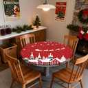 Pardick Red Christmas Round Fitted Tablecloth with Elastic Edge, Reindeer Santa Fitted Table Cloth Waterproof Wipeable Table Cover Holiday Tablecloth, Fits Tables up to 45"-56" Diameter