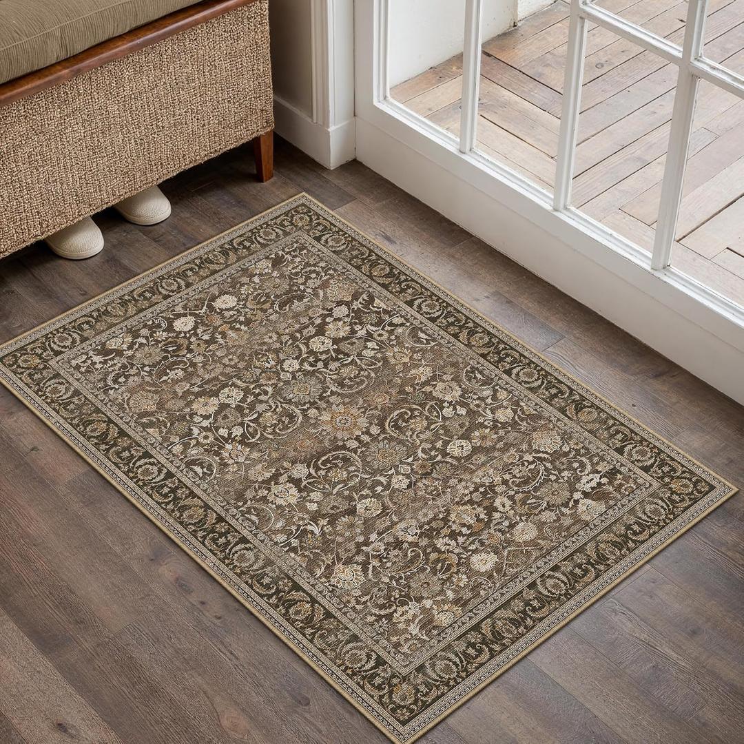 PureCozy Brown 2x3 Small Rug Washable Vintage Floral Carpet for Entryway Soft Low Pile Non Slip Indoor Accent Rugs Retro Distressed Throw Rug Kitchen Bedroom Office