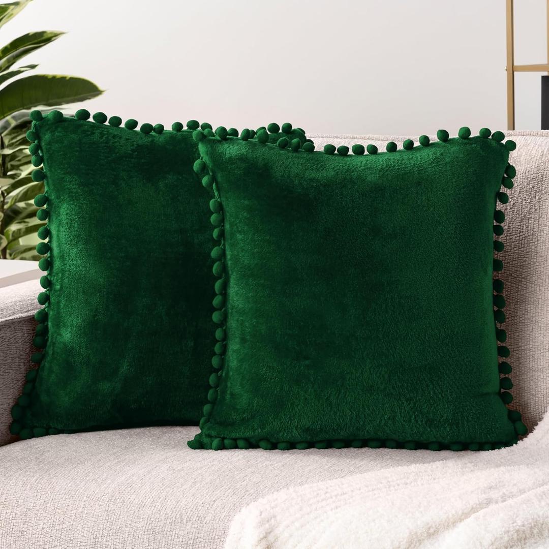 PAVILIA Emerald Green Throw Pillow Covers with Pom Pom 18x18 Set of 2, Decorative Pillow Cases for Bedroom Aesthetic, Small Throw Pillows Set for Bed, Velvet Euro Plush Cushion Covers for Sofa Couch