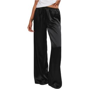 MakeMeChic Women's Summer Satin Silk Pants Casual Flowy Pants Beach Vacation Wide Leg Pants (Black, S)